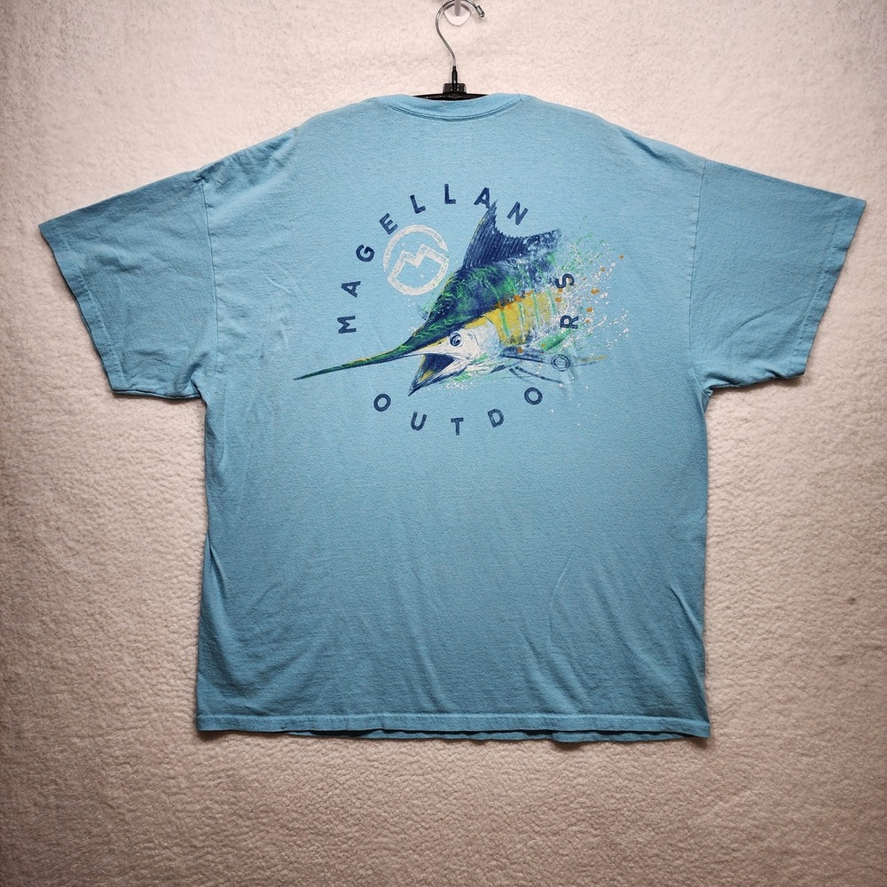 Magellan Outdoors Mens 2XL Light Blue Marlin Fishing Graphic T-Shirt Cotton Tee